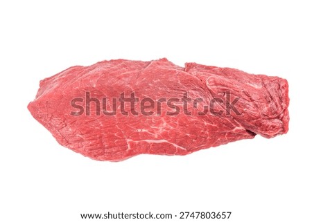 Whole raw beef inside round topside cut on white background. Lean red meat muscle, classic butcher cut used for roast beef and steaks