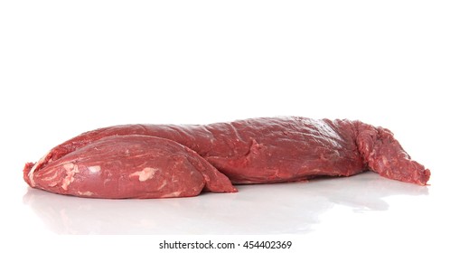 Whole Raw Beef Tenderloin Studio Isolated On White. 