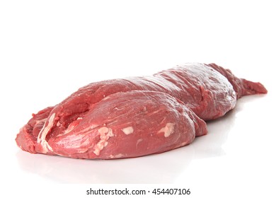 Whole Raw Beef Tenderloin Studio Isolated On White.