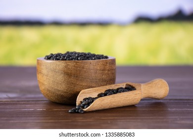 Lot Of Whole Raw Black Lentils Beluga Variety With Wooden Scoop With Green Wheat Field