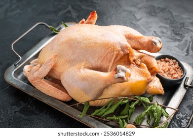 A whole raw chicken lies on a metal tray. The chicken is uncooked, with its skin still intact. It is surrounded by green herbs and a small bowl of coarse salt. - Powered by Shutterstock