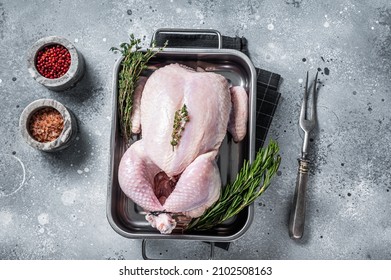 Whole Raw Free Range Chicken In Kitchen Tray With Herbs. Gray Background. Top View