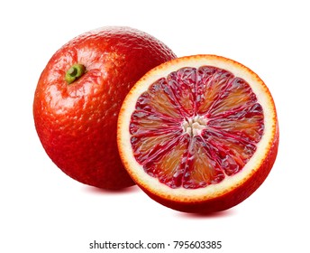 Whole red blood orange and half isolated on white background as package design element
