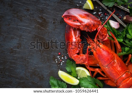 Whole red lobster with fresh parsley, slices of lemon, garlic, salt and pepper beans. Overhead view with plenty of copy space for your text