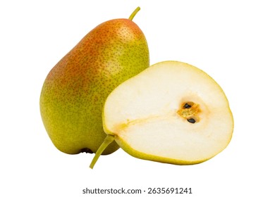 Whole red-yellow pear with half, front view, isolated on white background.