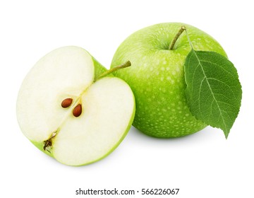 Whole ripe green apple with apple leaf and green apple half isolated on white background with clipping path