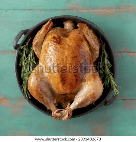 Whole Roast Turkey in a roasting pan on a wood surface and a light green background