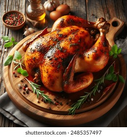 Whole roasted chicken elegantly presented on a rustic wooden coaster. Golden-brown and crispy on the outside, tender and juicy inside. Perfect for festive gatherings and savory feasts. - Powered by Shutterstock