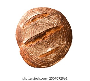 Whole round loaf of freshly baked rye wheat bread isolated close up on white background . Fresh crispy bread. Rye and whole wheat bread. Healthy eating and diet concept. Bakery layout - Powered by Shutterstock