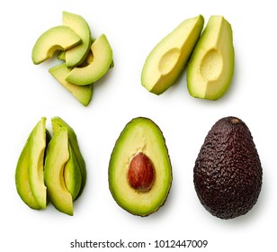 Whole and sliced avocado isolated on white background. Top view