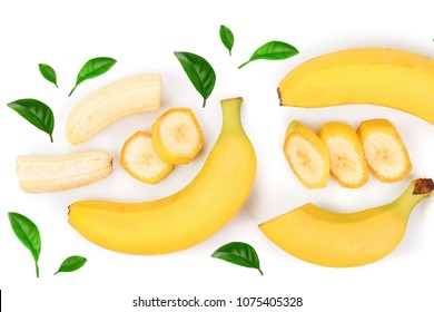 Whole And Sliced Bananas Isolated On White Background With Copy Space For Your Text. Top View. Flat Lay