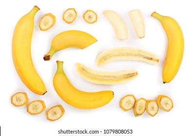 Whole And Sliced Bananas Isolated On White Background. Top View. Flat Lay