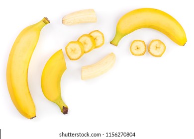 Whole And Sliced Bananas Isolated On White Background With Copy Space For Your Text. Top View. Flat Lay