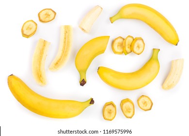 Whole And Sliced Bananas Isolated On White Background. Top View. Flat Lay