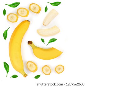 Whole And Sliced Bananas Isolated On White Background With Copy Space For Your Text. Top View. Flat Lay