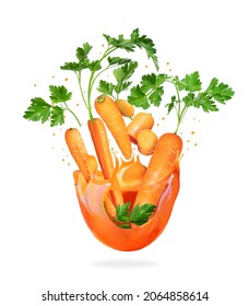 Whole And Sliced Carrots With Haulm In Splashes Of Fresh Juice, Isolated On White Background