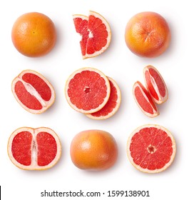 Whole and sliced grapefruits isolated on white background. Top view.