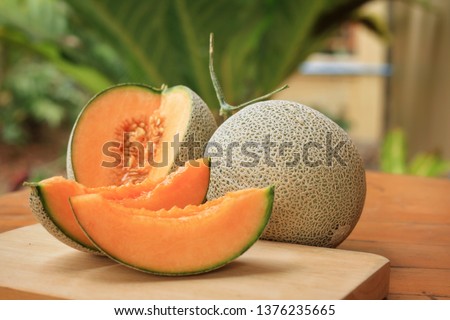 Whole and sliced of Japanese melons,honey melon or cantaloupe (Cucumis melo) on wooden table background.Favorite fruit in summer.Food,Fruits or healthcare concept.