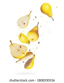 Whole and sliced pears in the air on a white background - Shutterstock ID 1808330536