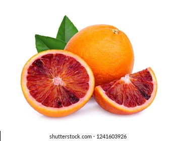 Whole And Slices Blood Orange With Green Leaf Isolated On White Background