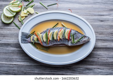 Whole Steamed Coral Fish. Seafood Platter With Whole Fish Top View.