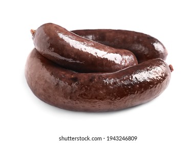 Whole tasty blood sausages on white background