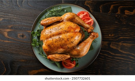 A whole tobacco chicken served on a plate, garnished with fresh herbs and ripe tomatoes. Set against a black background with ample copy space at the top. Top view.
 - Powered by Shutterstock