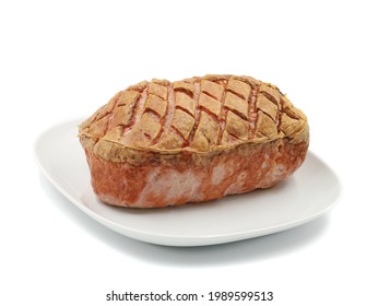 Whole Traditional Warm Bavarian Meat Loaf On A White Plate Served Isolated On White Background