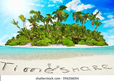 Whole tropical island within atoll in tropical Ocean. Uninhabited and wild subtropical isle with palm trees. Inscription "TimeShare" in the sand on a tropical island,  Maldives.