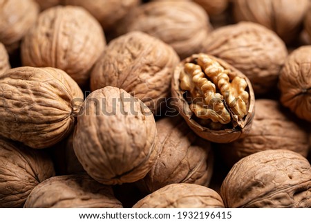 Whole Walnut closeup. Nuts background, nobody
