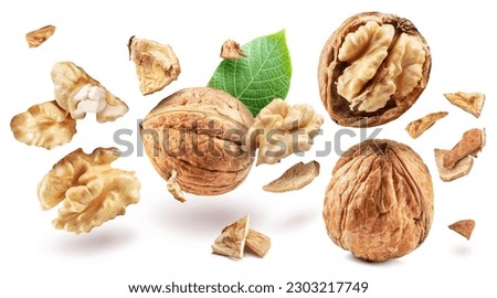 Whole walnuts and walnut kernels levitating in air on white background.