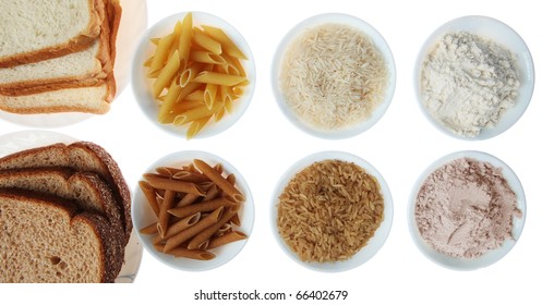 Whole Wheat Bread, Pasta, Flour And Brown Rice Vs. White Flour And Rice Products, Isolated, White