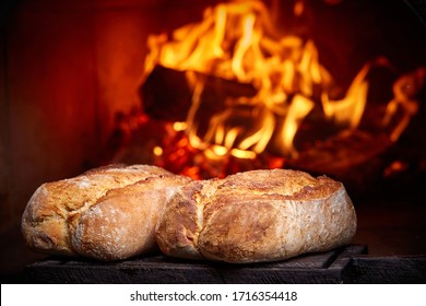 whole wheat bread in a wood oven, two freshly baked bread in a bakery with a traditional oven, the process of baking bread, copy space - Shutterstock ID 1716354418