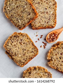 Whole Wheat Gluten Free Bread With Flax Seads Sunflower Chia Seads Sesame. Flatlay.