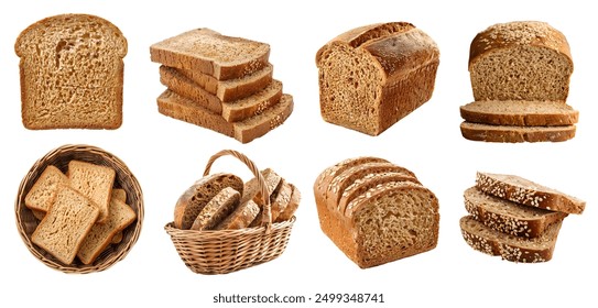 Whole wheat grain wholemeal bread bun loaf slice isolated. Many assorted different angles, stack, broken, basket, torn, pile. Mockup template for artwork - Powered by Shutterstock