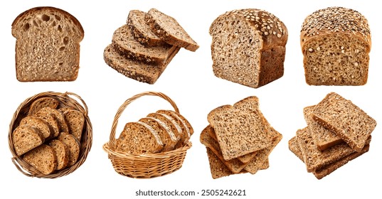 Whole wheat grain wholemeal bread bun loaf slice isolated. Many assorted different angles, stack, broken, basket, torn, pile. Mockup template for artwork - Powered by Shutterstock