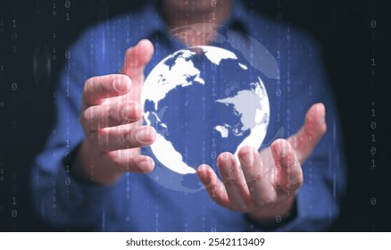 whole world in your hands concept. Digital globe in a businessman's hand with binary code representing the man can use and access communication, information, data, and networks globally