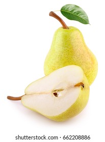 Whole yellow pear fruit with green leaf and half pear isolated on white background - Shutterstock ID 662208886