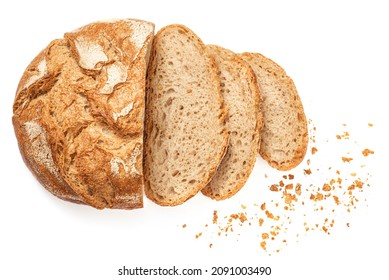 Wholegrain Organic  Bread with crumbs  isolated on white background.  Sliced, cutted wheat bread. - Shutterstock ID 2091003490