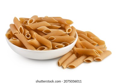 Wholegrain penne pasta from durum wheat isolated on white background with clipping path and full depth of field
