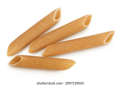 Wholegrain penne pasta from durum wheat isolated on white background with clipping path and full depth of field. Top view. Flat lay,