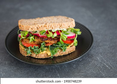 Wholemeal Bread Sandwich With Fried Tofu And Lots Of Fresh Vegetables. Healthy Comfort Food.