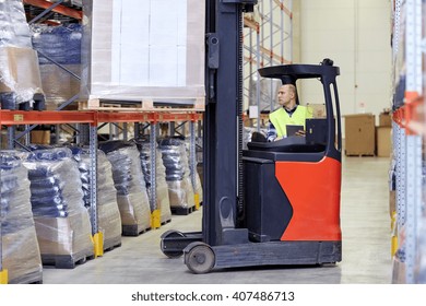 Wholesale, Logistic, Loading, Shipment And People Concept - Man Or Loader With Tablet Pc Computer And Forklift Or Loader Loading Boxes At Warehouse