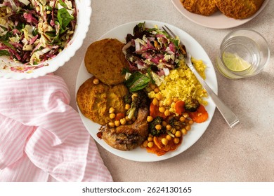 Un desayuno saludable con panqueques de lentejas y calabacín, mijo, cuello de pollo asado, batatas, brócoli, zanahorias, garbanzos y una ensalada de mezcla fresca con rábano, nueces y brotes de frijoles mung