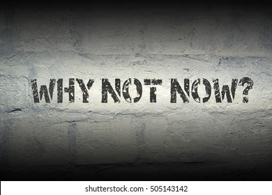 why not now question stencil print on the grunge brick wall; specially designed font is used