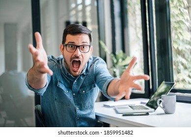 Why! WTF are you doing! Surprised businessman entrepreneur freelancer reacting to not expecting news bad not expected surprise situation suddenly lost information emotional reaction real feelings