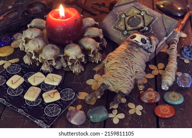 Wicca, Esoteric And Occult Still Life With Vintage Magic Objects And Voodoo Doll On Witch Table Altar For Mystic Rituals And Fortune Telling. Halloween And Gothic Concept