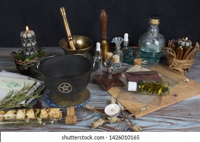 Wiccan Altar With Magical Components, Wicker Pentacle And Cauldron