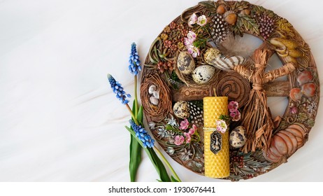 wiccan Altar for spring Ostara sabbat. wheel of the year with flowers and eggs. Esoteric Ritual for Ostara, pagan holiday. Magical Spring equinox. flat lay