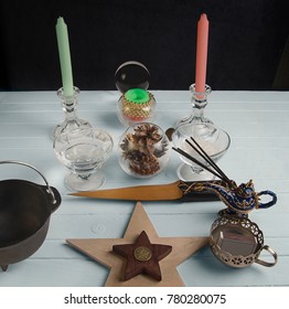 Wiccan Altar For Yule, Cauldron, Athame And Candles